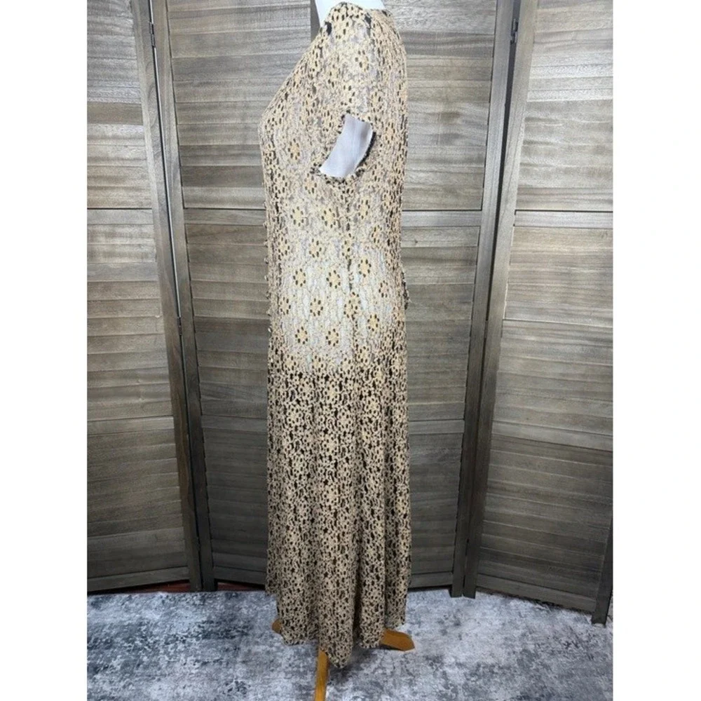 Sheena Los Angeles Women Gold Black Floral Lace Button Front Maxi Dress Back Tie